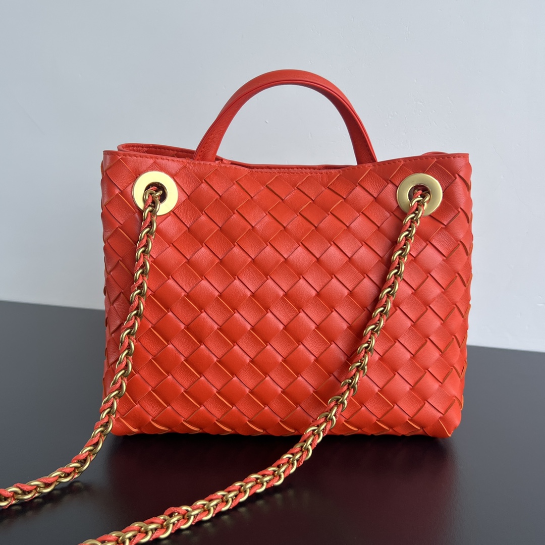 Small Andiamo Intrecciato Leather Top Handle Bag Orange Red